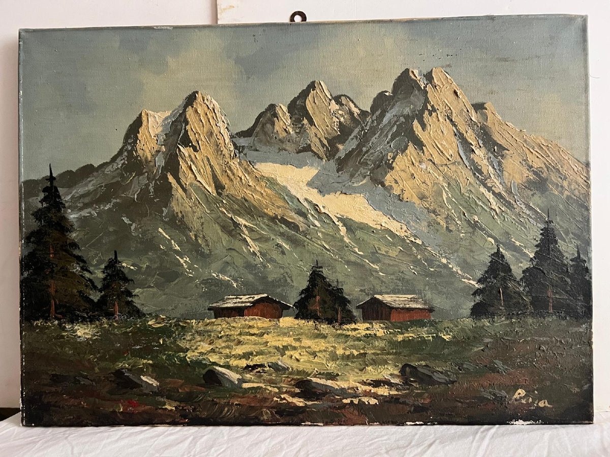 Tableau  Signé  bas  droite  illisible  Paysage  de  Montagne  Huile sur toile. -photo-2