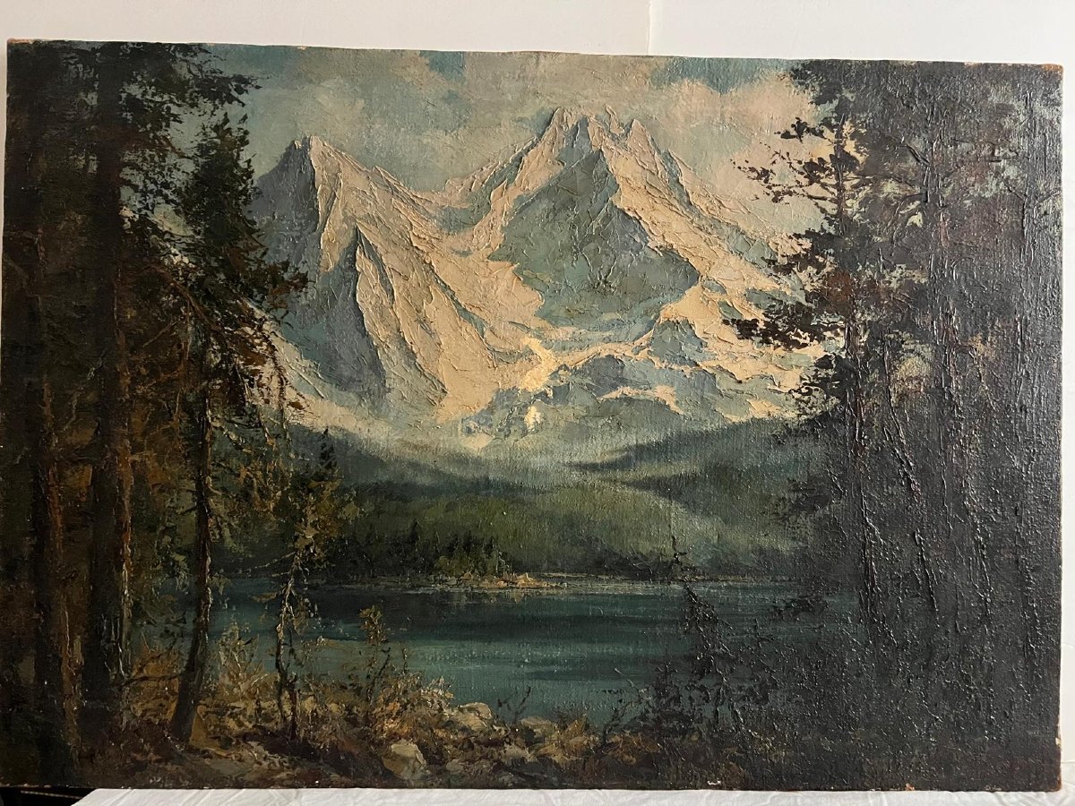 Tableau  Paysage  de  Montagne  Signé  Illisible  Huile sur  Toile. -photo-3