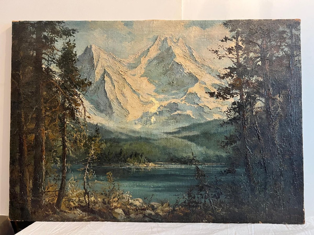 Tableau  Paysage  de  Montagne  Signé  Illisible  Huile sur  Toile. -photo-1