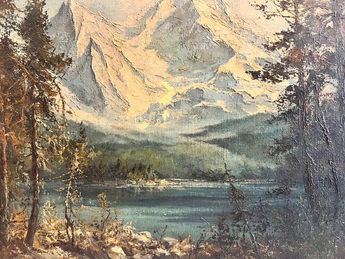 Tableau  Paysage  de  Montagne  Signé  Illisible  Huile sur  Toile. 