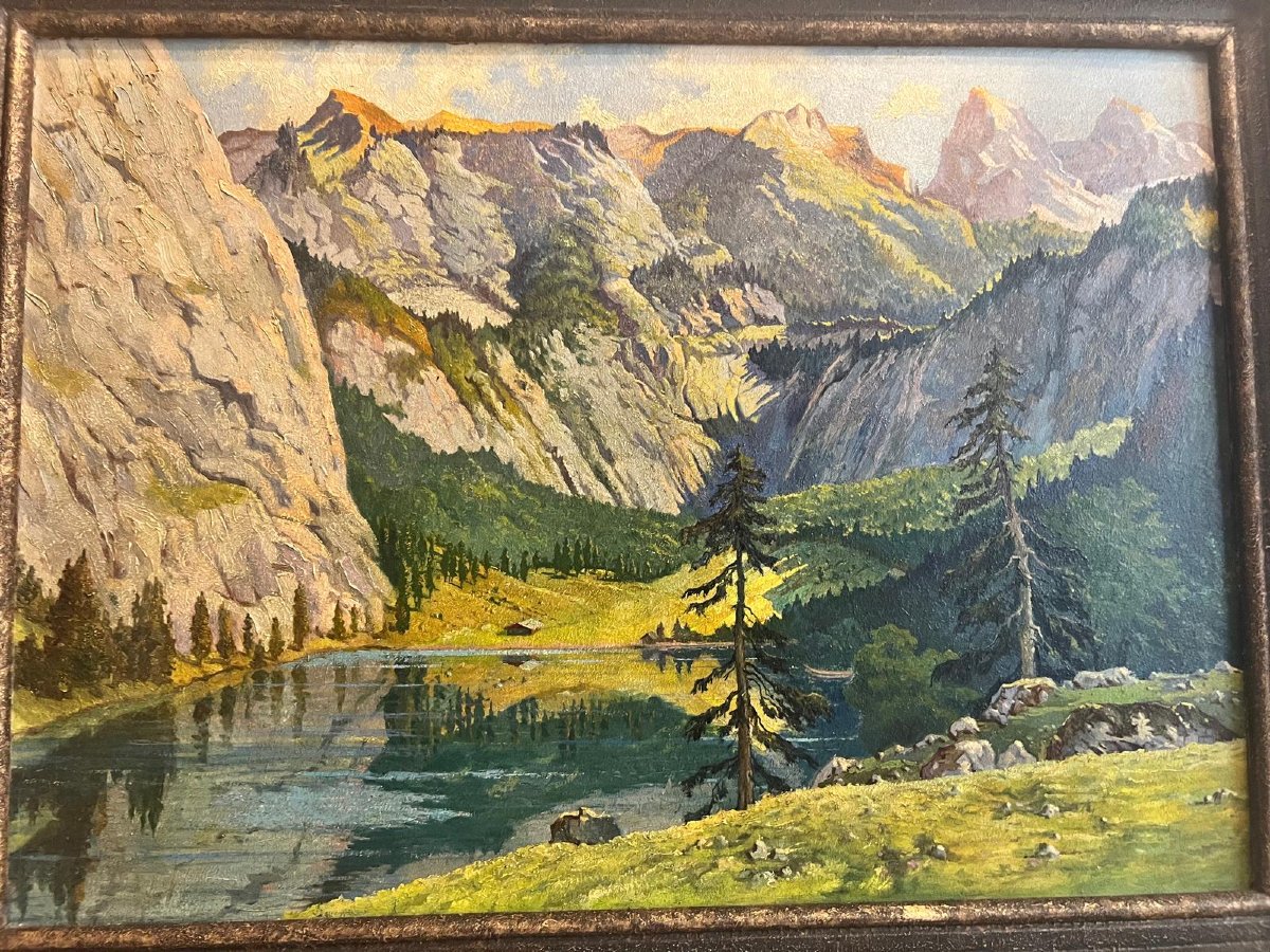 Tableau Paysage De Montagne Avec Lac Signé Illisible Oil On Wood.-photo-2