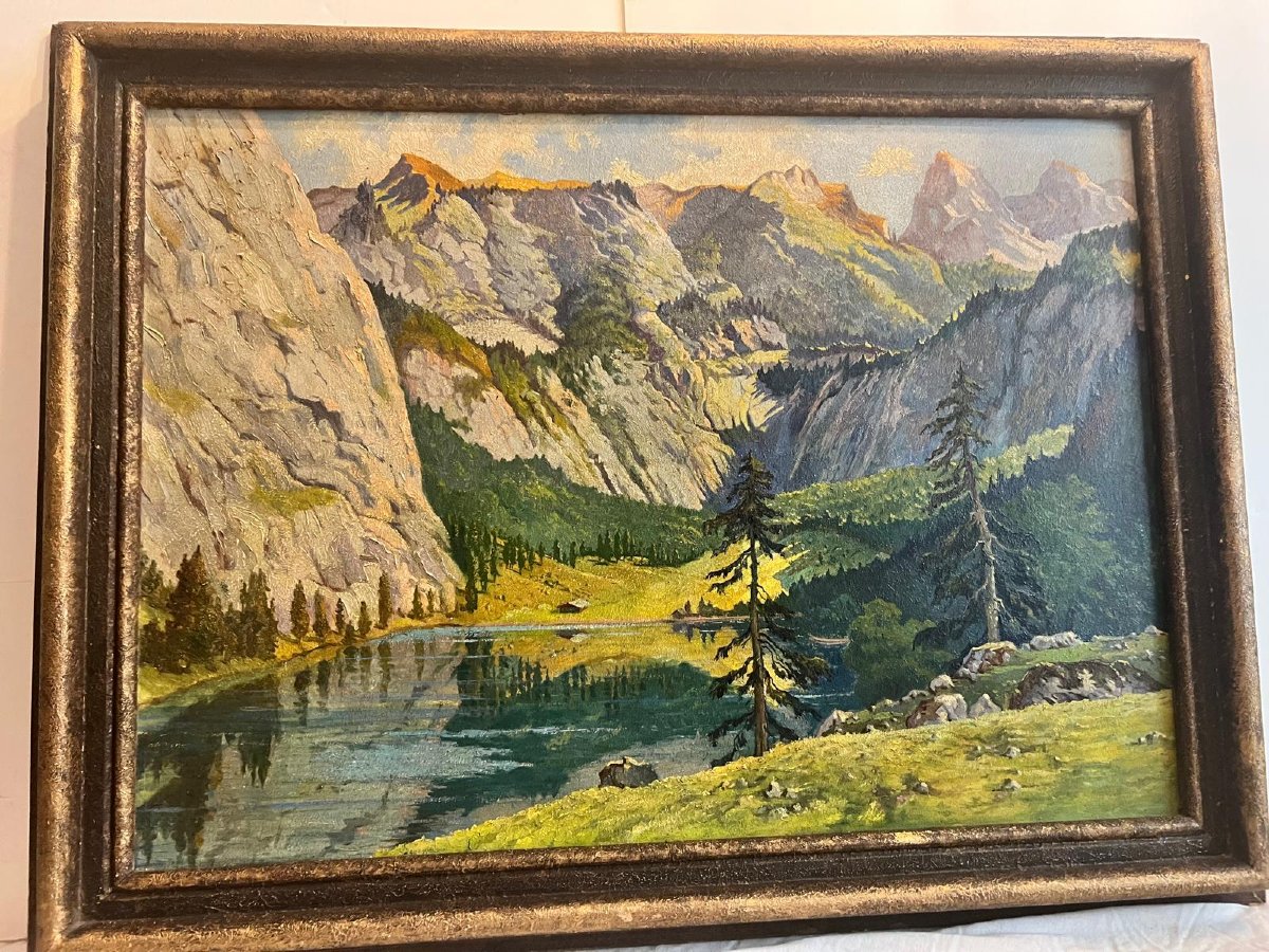 Tableau Paysage De Montagne Avec Lac Signé Illisible Oil On Wood.-photo-3