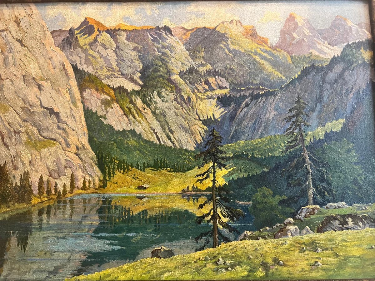 Tableau Paysage De Montagne Avec Lac Signé Illisible Oil On Wood.-photo-4