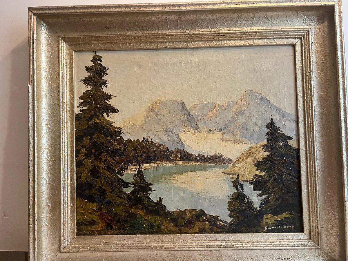 Tableau Paysage De Montagne Avec Lac Signé Illisible Oil On Canvas.-photo-3