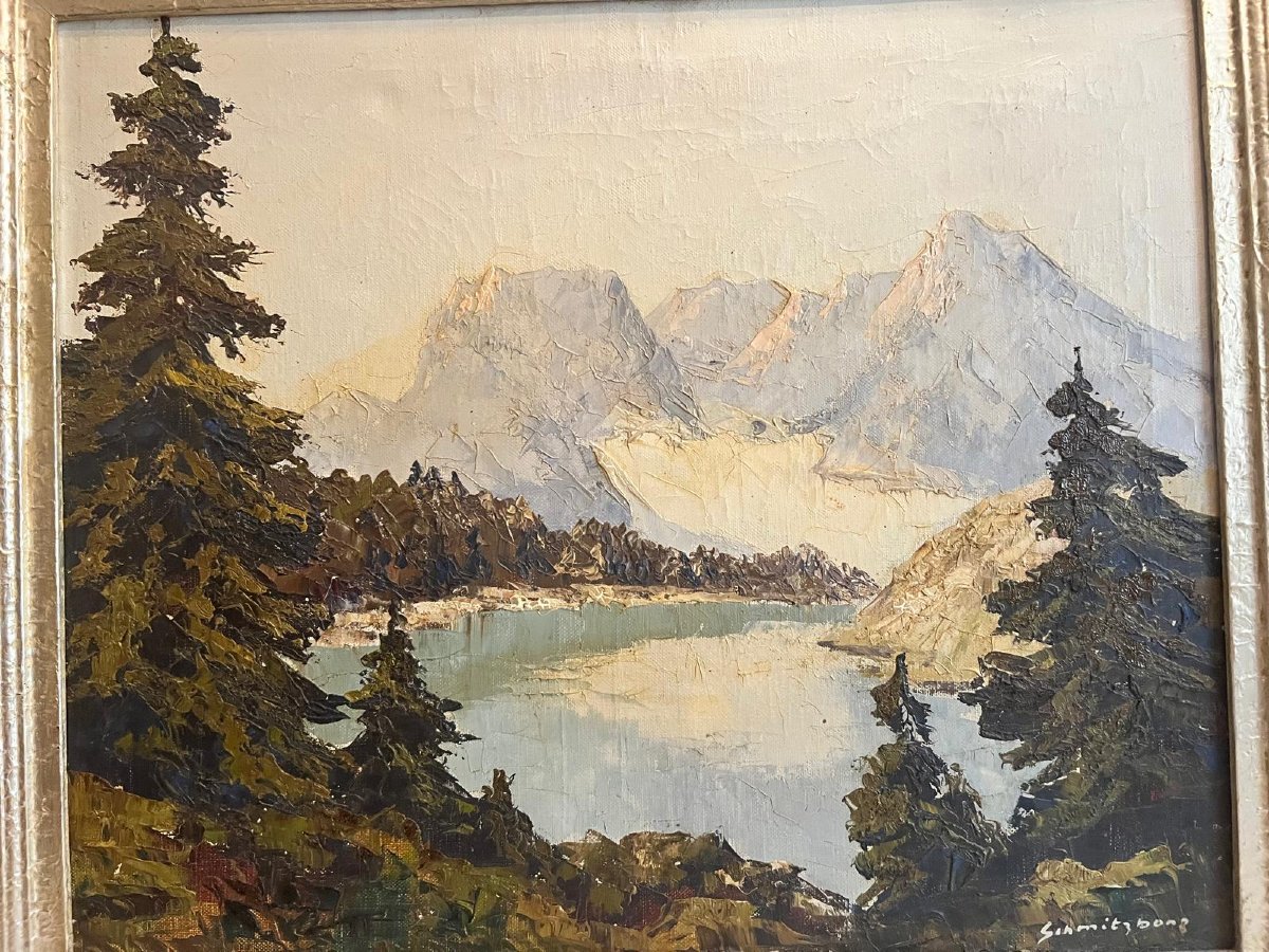 Tableau Paysage De Montagne Avec Lac Signé Illisible Oil On Canvas.-photo-4
