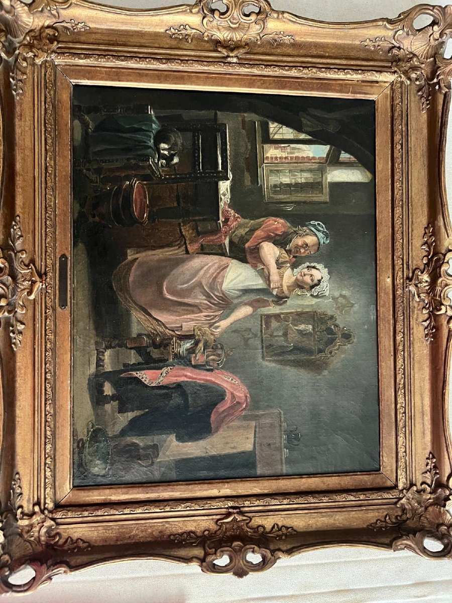 Tableau   Pieter  Fontijn  1773-1839 Scéne Amoureuse  Huile sur toile Reentoilée. -photo-3