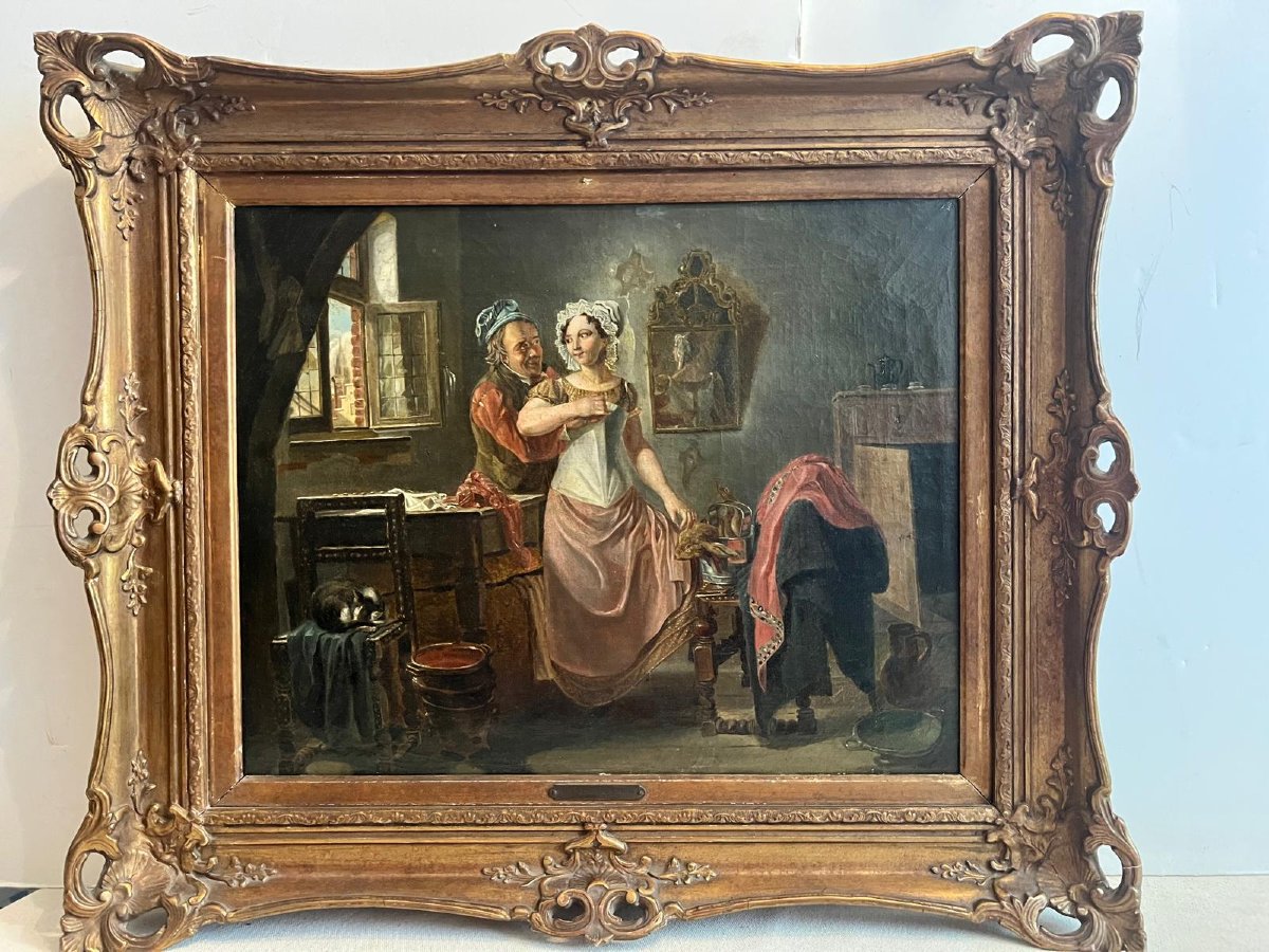 Tableau   Pieter  Fontijn  1773-1839 Scéne Amoureuse  Huile sur toile Reentoilée. -photo-1