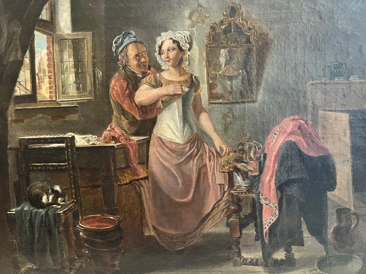 Tableau   Pieter  Fontijn  1773-1839 Scéne Amoureuse  Huile sur toile Reentoilée. -photo-2