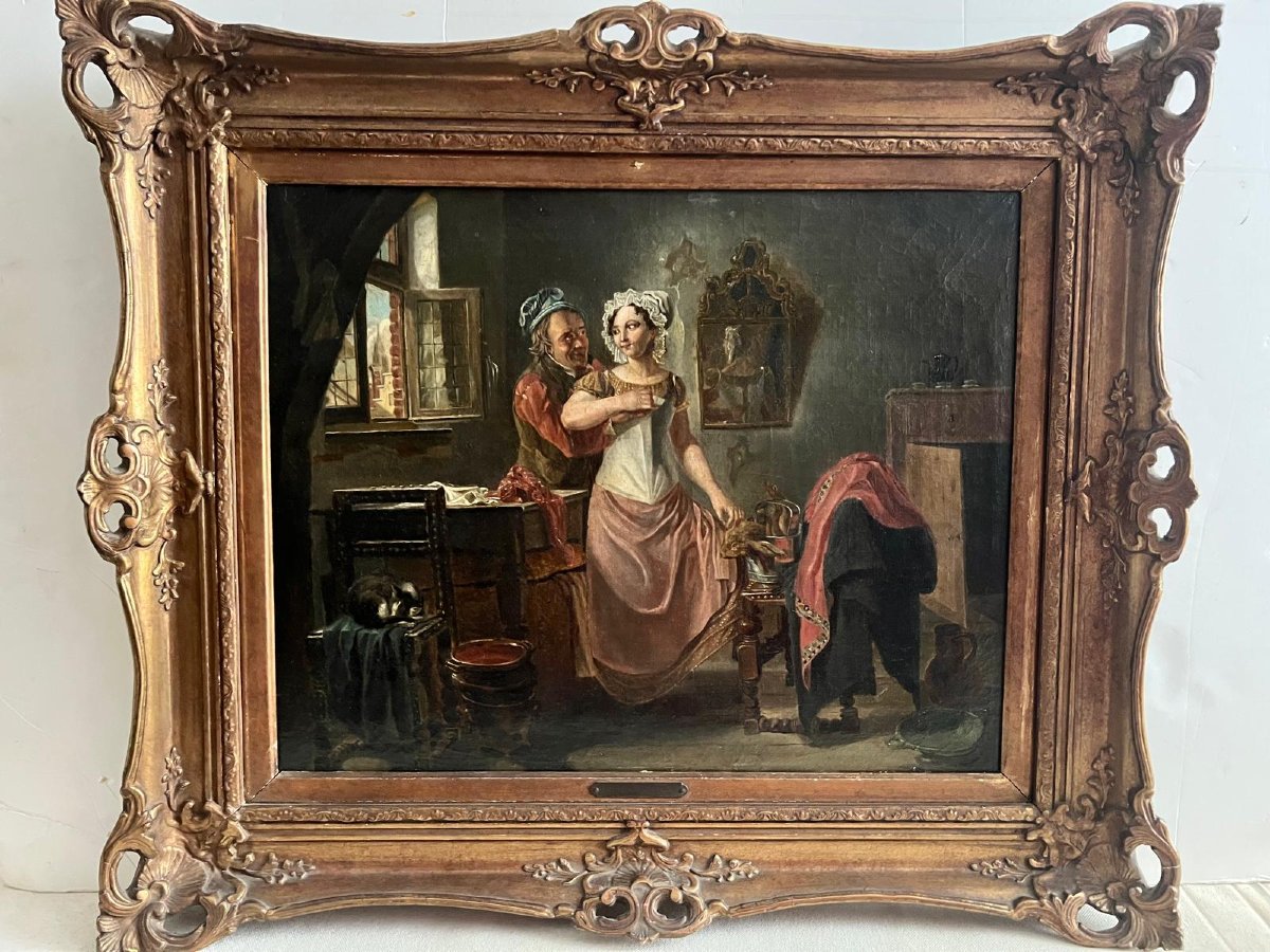 Tableau   Pieter  Fontijn  1773-1839 Scéne Amoureuse  Huile sur toile Reentoilée. -photo-3