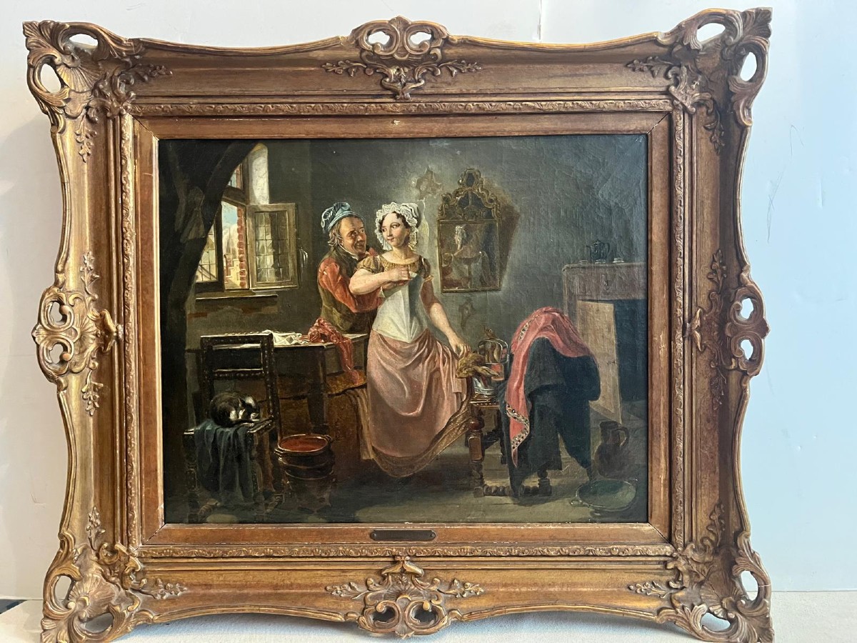 Tableau   Pieter  Fontijn  1773-1839 Scéne Amoureuse  Huile sur toile Reentoilée. 