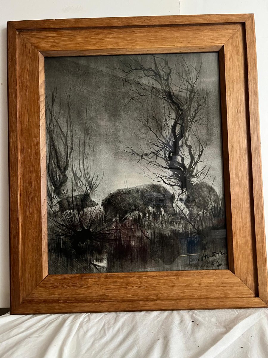 Les Sangliers à La Tombée De La Nuit Painted On Paper Signed And Dated Lower Right 1947-photo-3