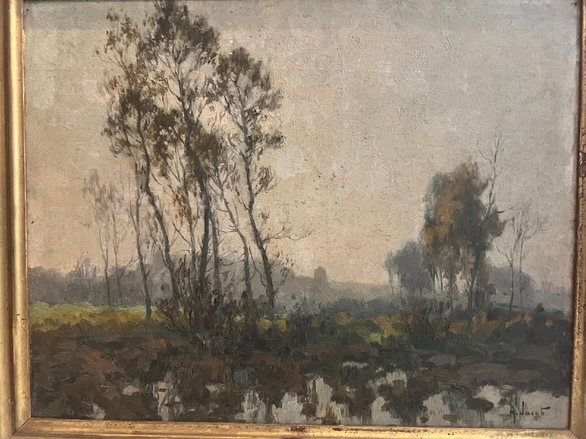 Tableau  Signé  Alexandre Jacob 1876-1972   Paysage  soir sous  le  marais. -photo-2