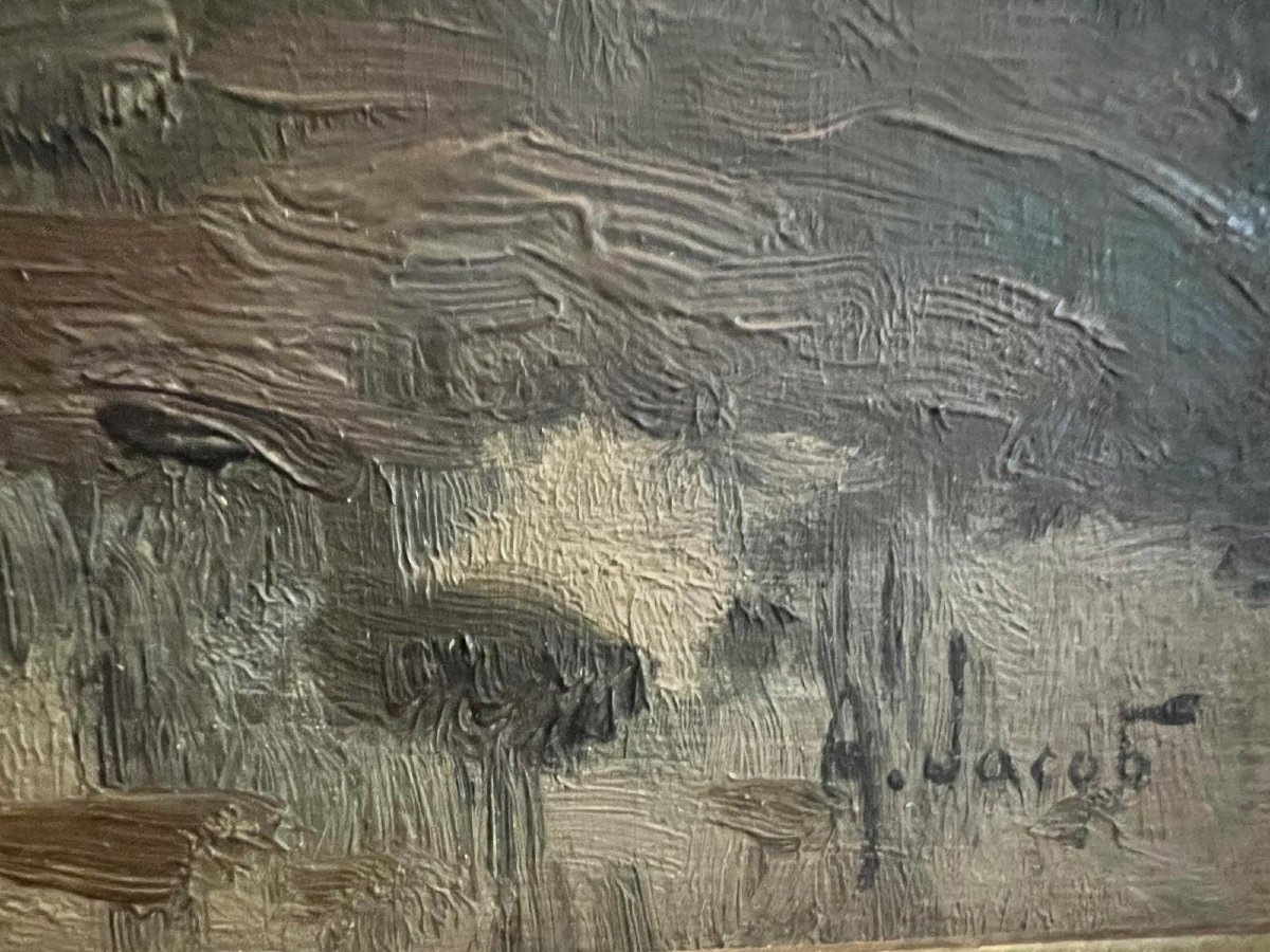Tableau  Signé  Alexandre Jacob 1876-1972   Paysage  soir sous  le  marais. -photo-1