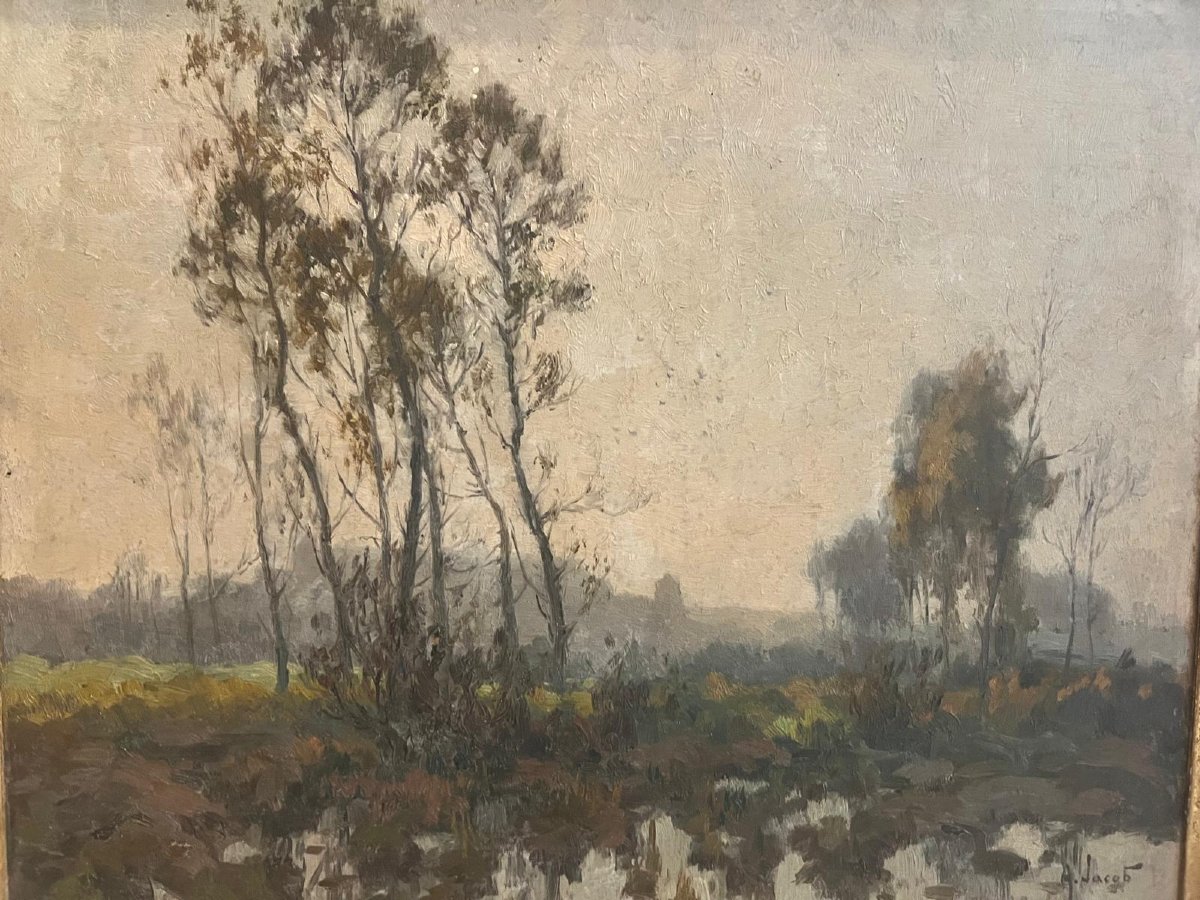 Tableau  Signé  Alexandre Jacob 1876-1972   Paysage  soir sous  le  marais. 