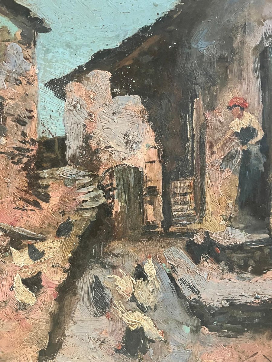 Tableau Fermière Nourri Ses Volaille Signé Illisible Cadre Kaminagai Oil On Wood-photo-1
