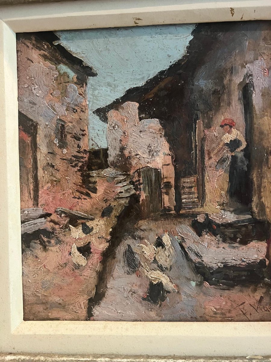 Tableau Fermière Nourri Ses Volaille Signé Illisible Cadre Kaminagai Oil On Wood-photo-2