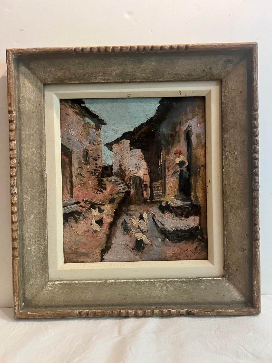 Tableau Fermière Nourri Ses Volaille Signé Illisible Cadre Kaminagai Oil On Wood
