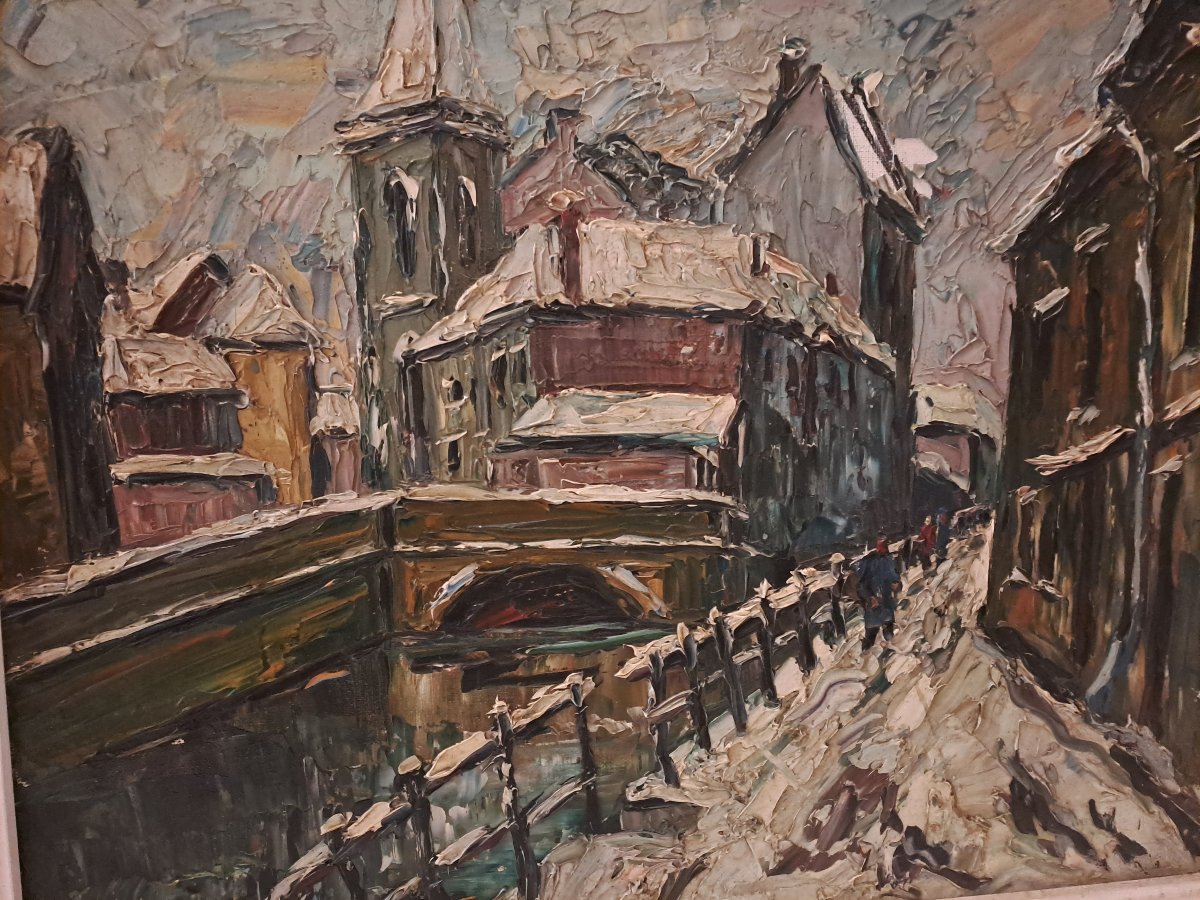 Tableau  SIGNÉ   B  SETEVE,  Rue sous  la neige  Huile sur toile. -photo-2
