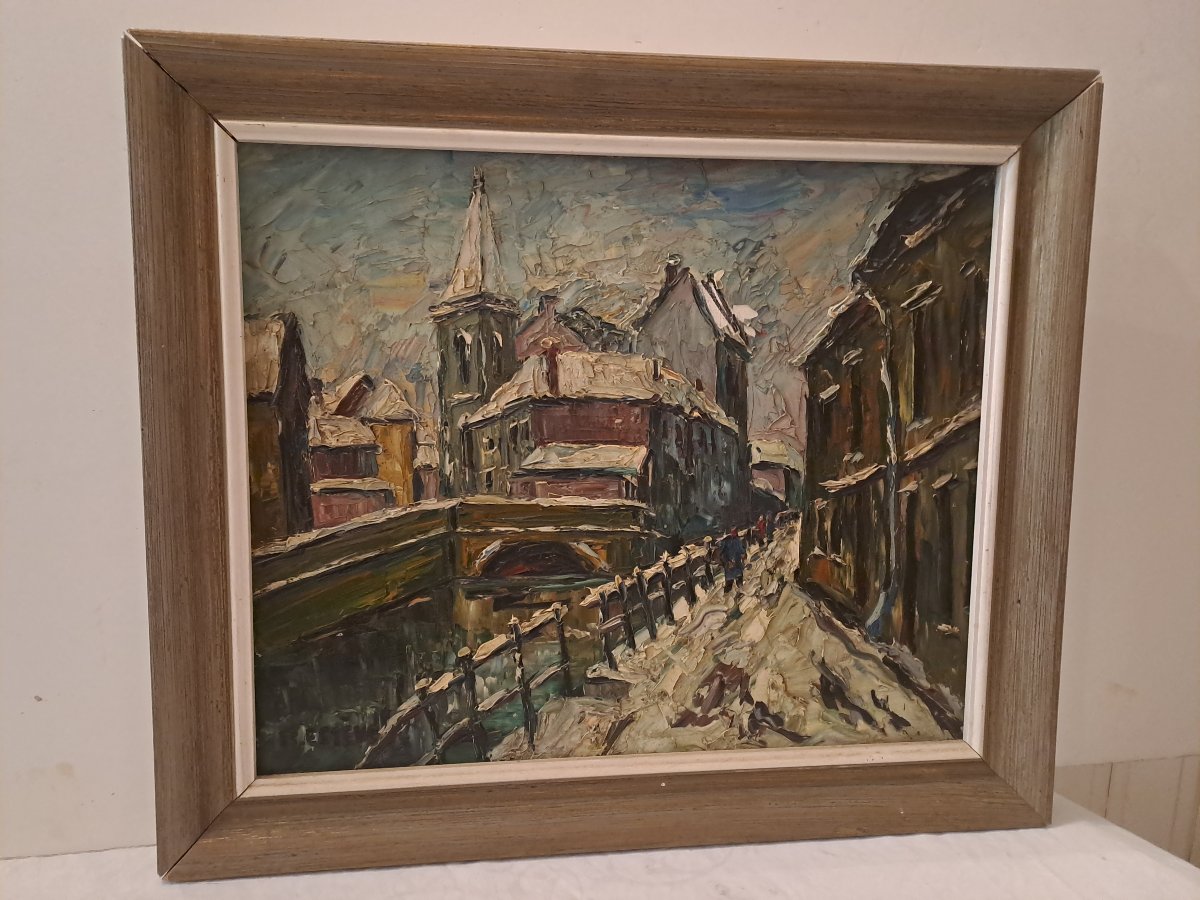 Tableau  SIGNÉ   B  SETEVE,  Rue sous  la neige  Huile sur toile. -photo-1