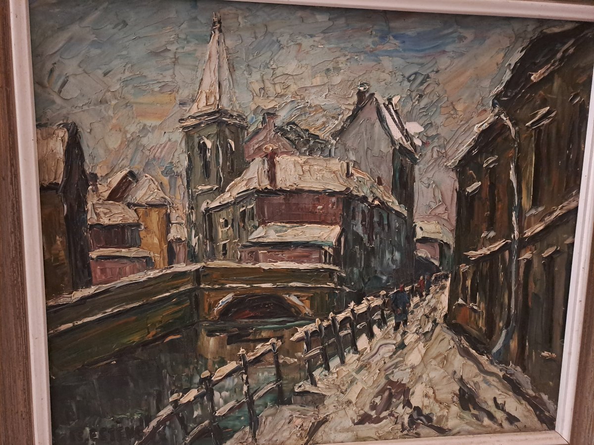 Tableau  SIGNÉ   B  SETEVE,  Rue sous  la neige  Huile sur toile. -photo-2