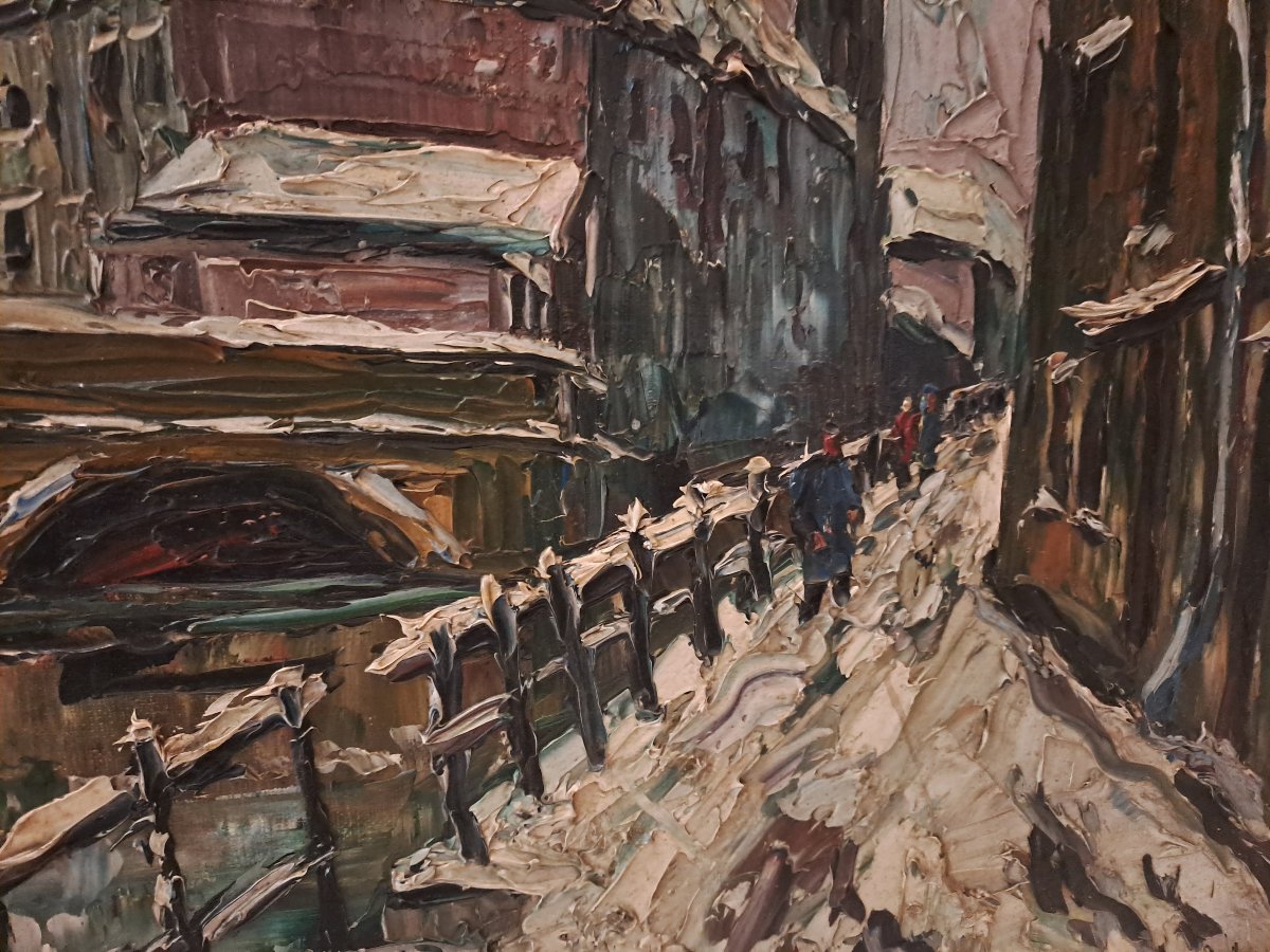 Tableau  SIGNÉ   B  SETEVE,  Rue sous  la neige  Huile sur toile. 