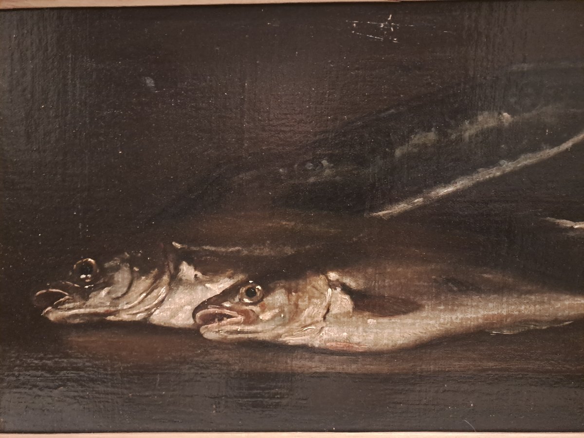 Tableau  Natur  Morte  aux  Poissons 19  ème  Huile sur toile. -photo-1