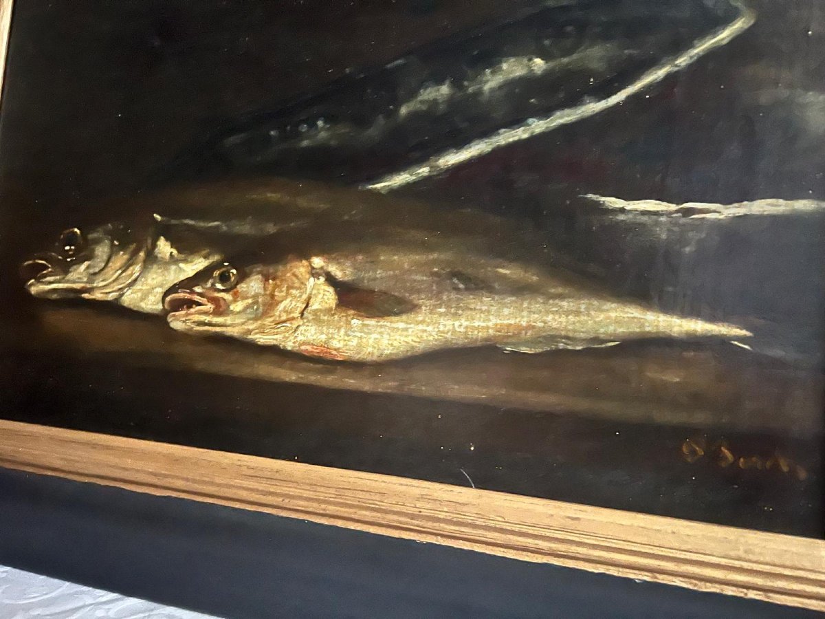 Tableau  Natur  Morte  aux  Poissons 19  ème  Huile sur toile. 