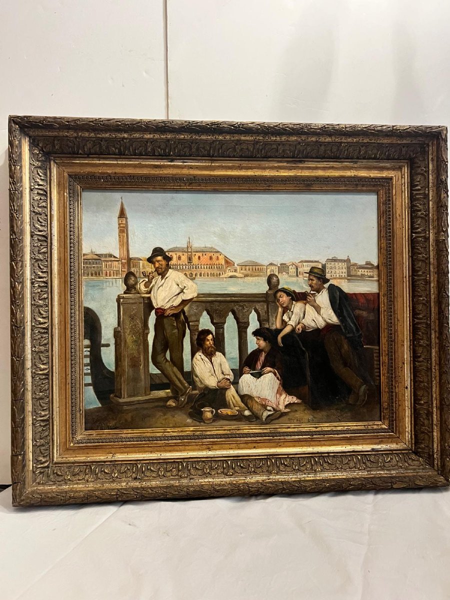 Signed Lower Left, Canal De Venise Repos d'Amis 19 ème Oil On Canvas.-photo-3