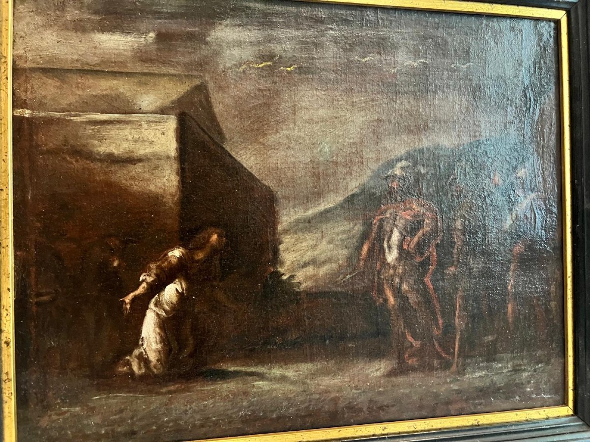 Painting Italian School Woman Asking Soldiers For Pity 17th C. Monogrammed On Verso.-photo-2