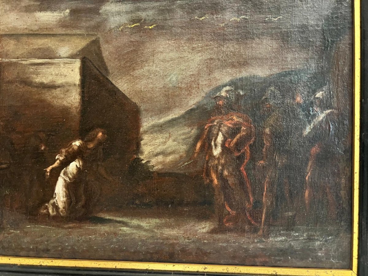 Painting Italian School Woman Asking Soldiers For Pity 17th C. Monogrammed On Verso.-photo-4