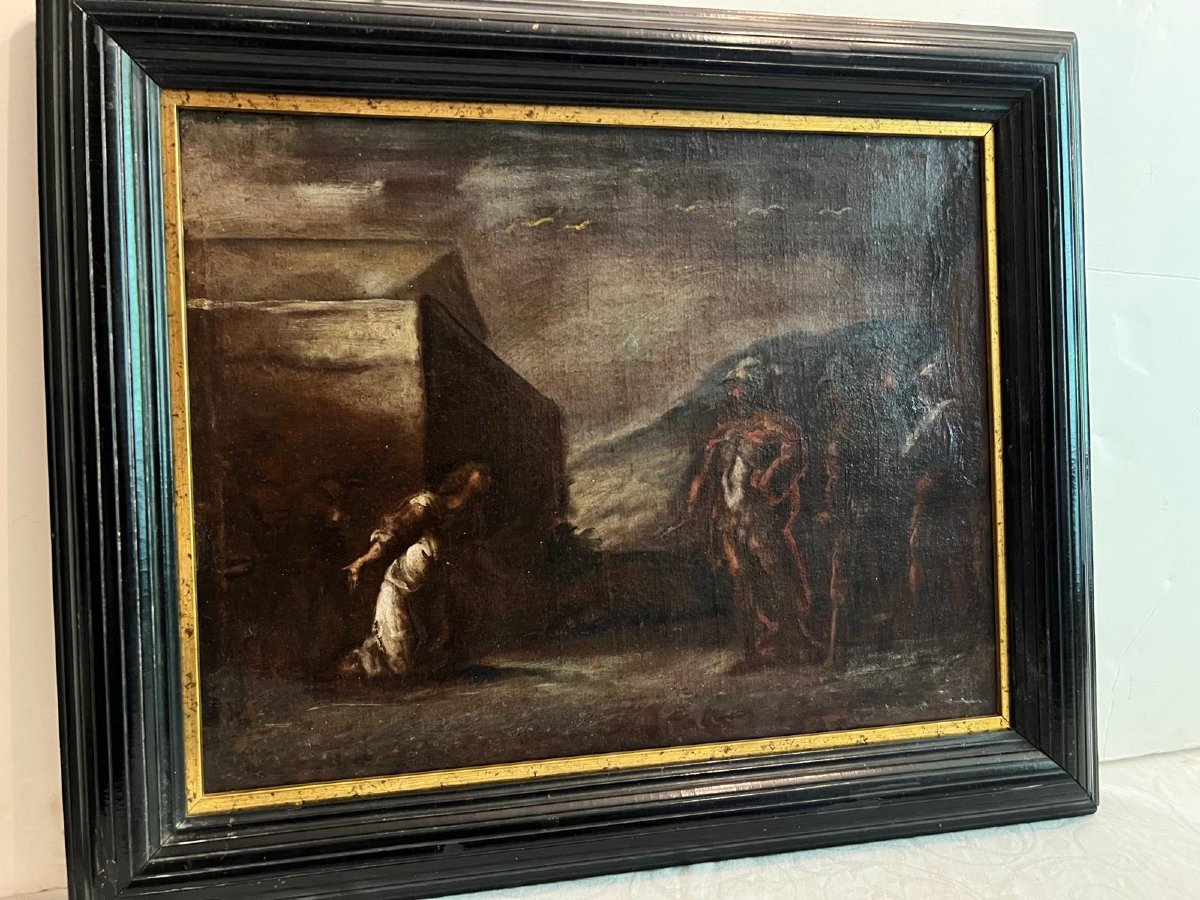 Painting Italian School Woman Asking Soldiers For Pity 17th C. Monogrammed On Verso.