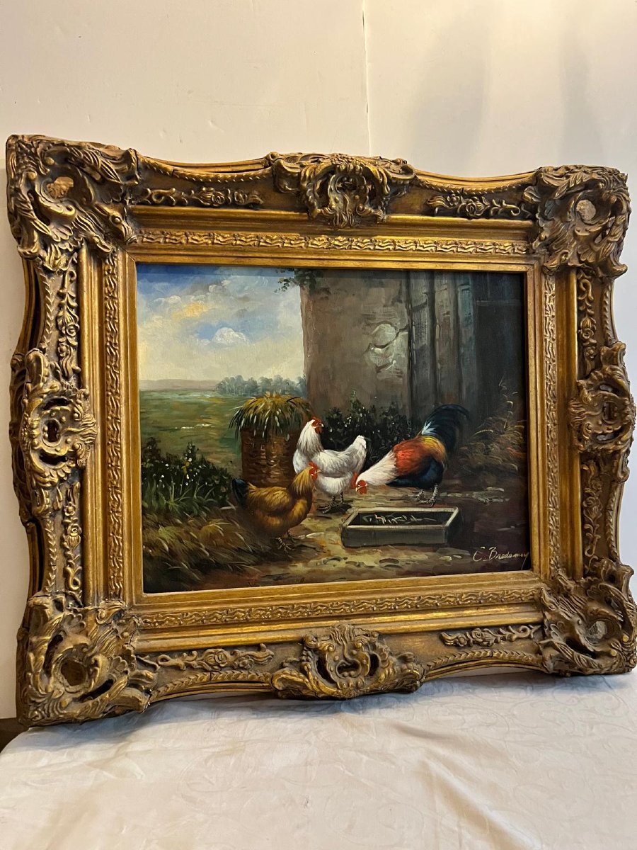 Table La Basse-cour Signé Illisible Oil On Canvas.-photo-2