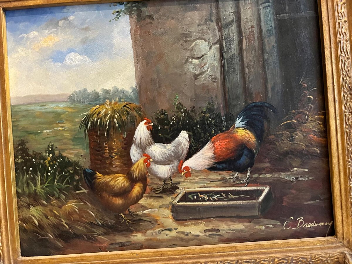Table La Basse-cour Signé Illisible Oil On Canvas.-photo-1