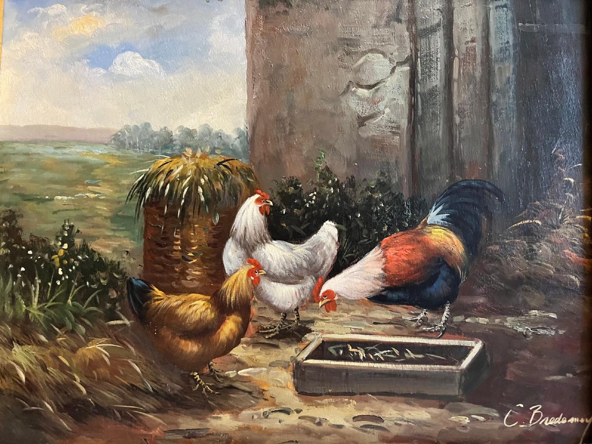 Table La Basse-cour Signé Illisible Oil On Canvas.