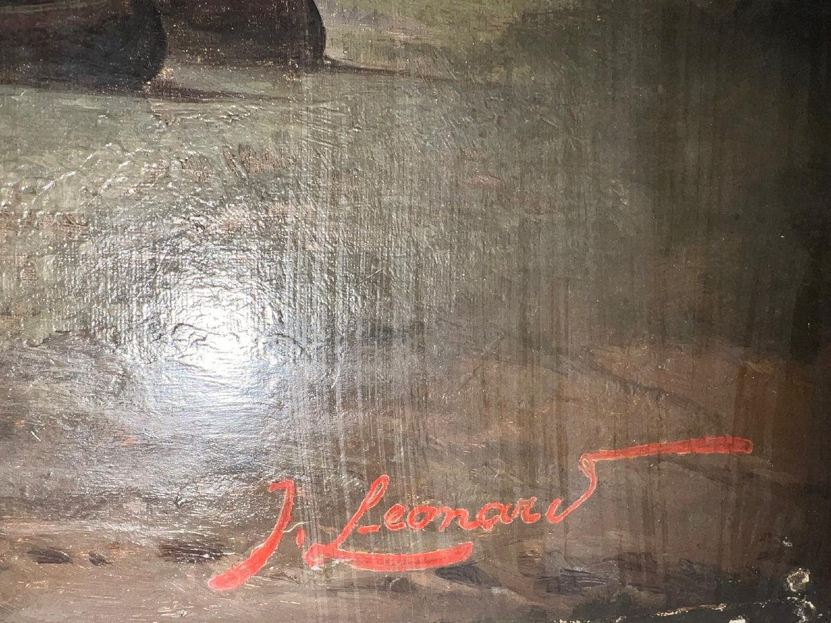 Signed J. Léonard Clair De Lune Sur La Baie Oil On Wood.-photo-3