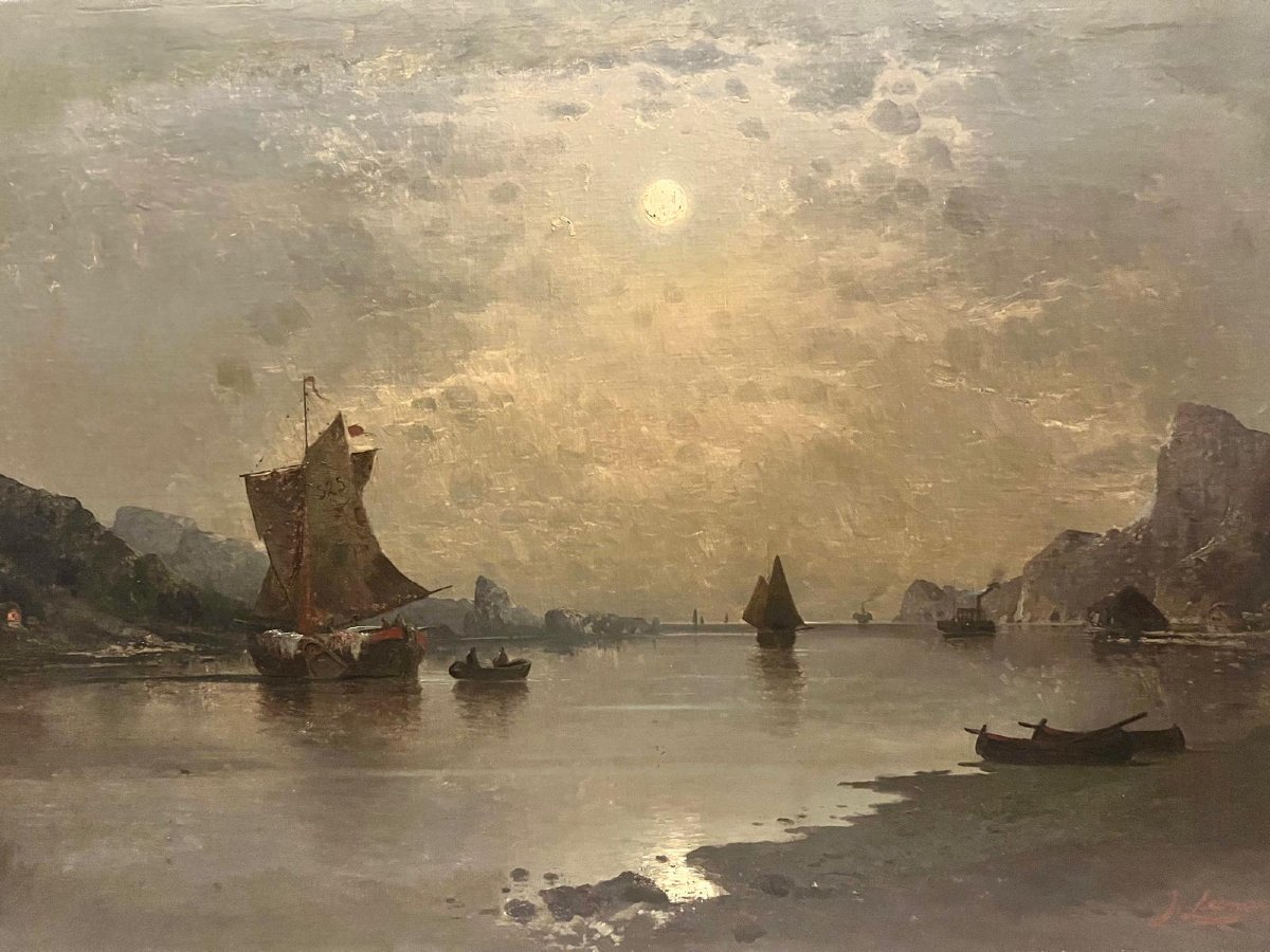 Signed J. Léonard Clair De Lune Sur La Baie Oil On Wood.