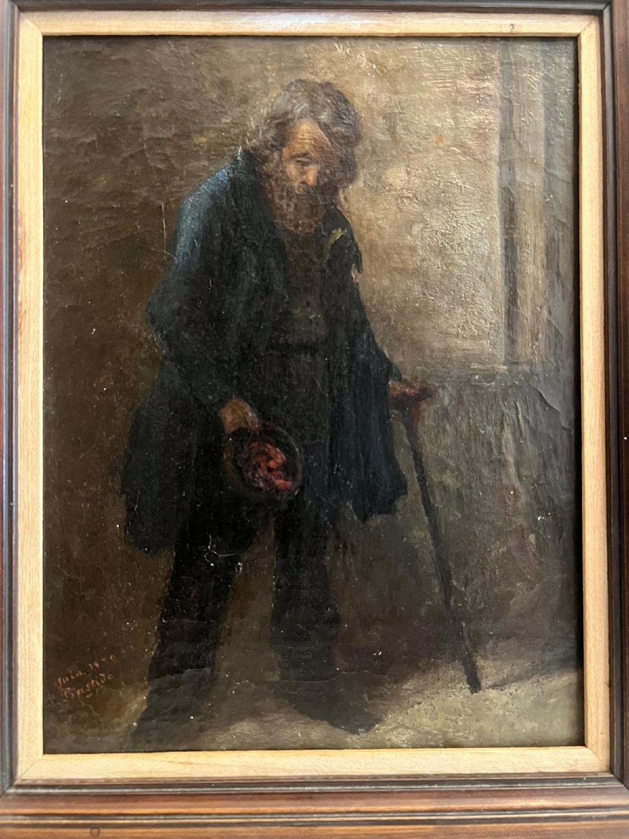 Tableau  Signé  Bastide,   juin  1830   Vieillard  demandant  une  Faveur  Huile sur toile. -photo-2