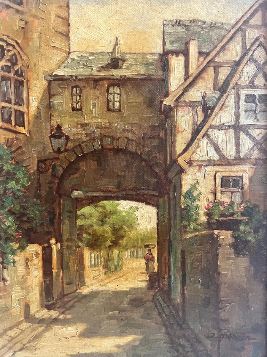 Painting German School Village Gate Signed Lower Right Illegible Situated On Verso.-photo-2