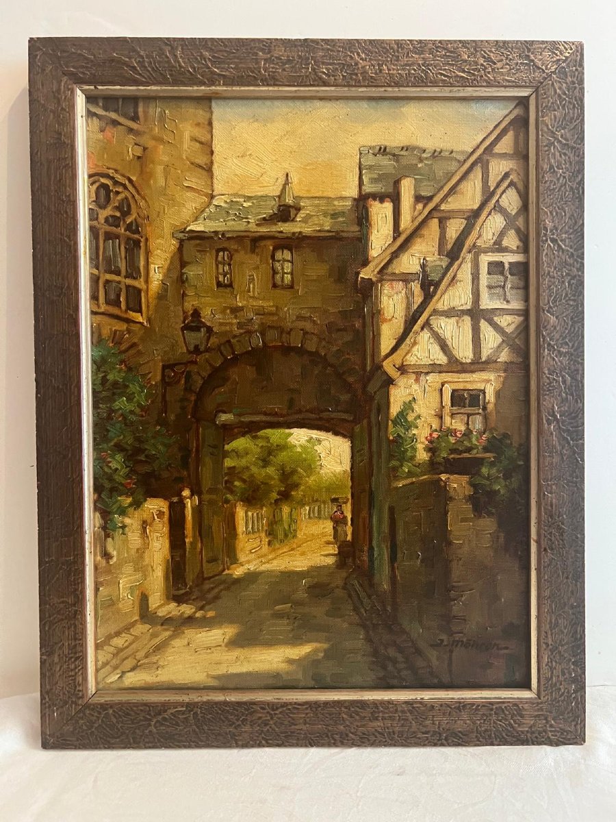 Painting German School Village Gate Signed Lower Right Illegible Situated On Verso.