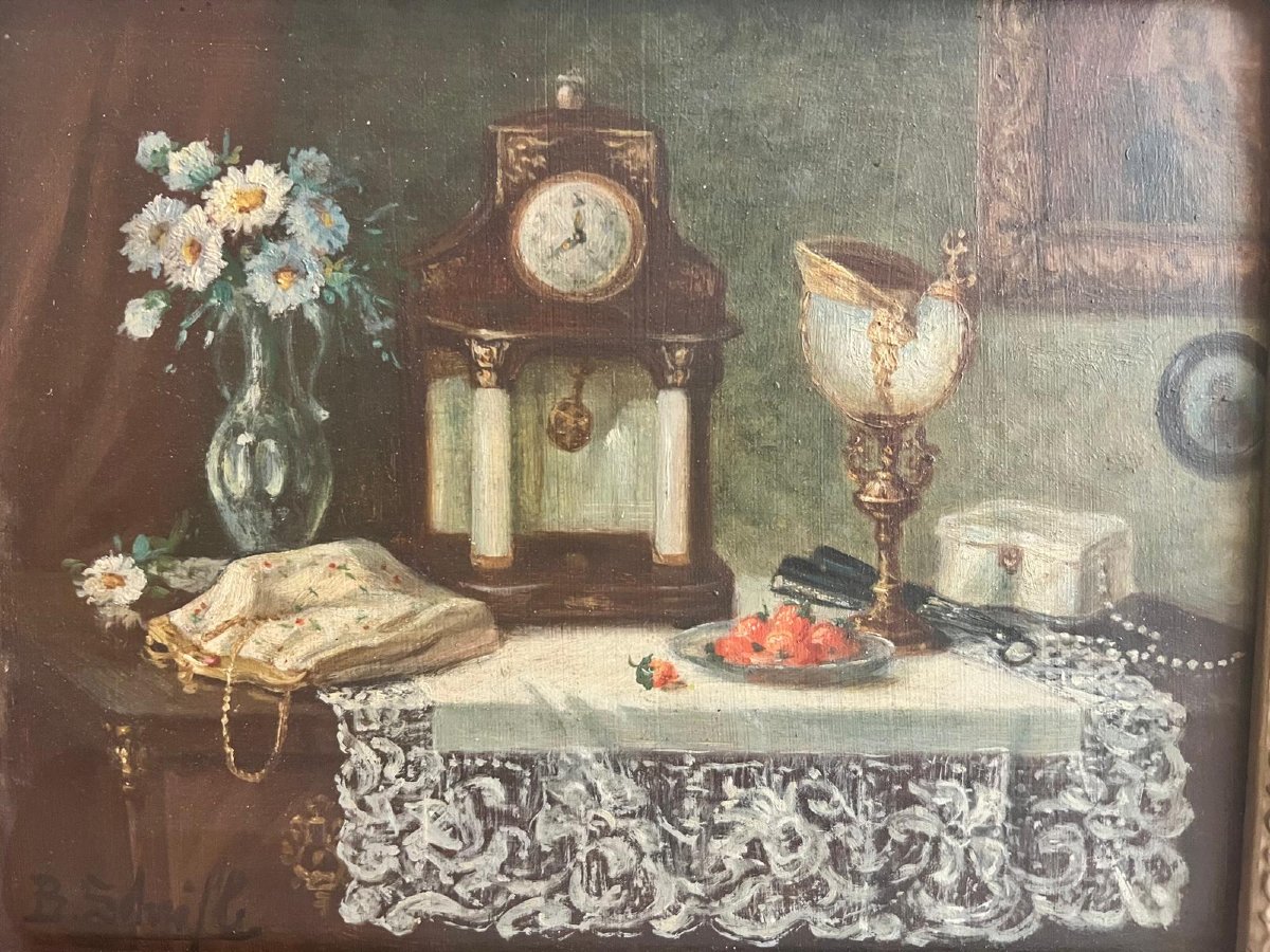 Tableau  Signé  Illisible  Nature  Morte 19 ème  Huile  sur  bois. 