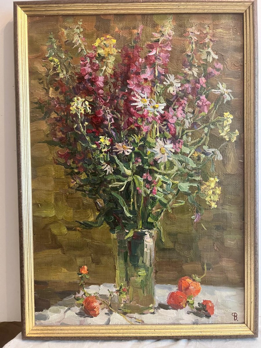 Tableau école Russe, Vase De Fleurs Monogramme Devant Signé Au Verso Oil On Canvas.-photo-2