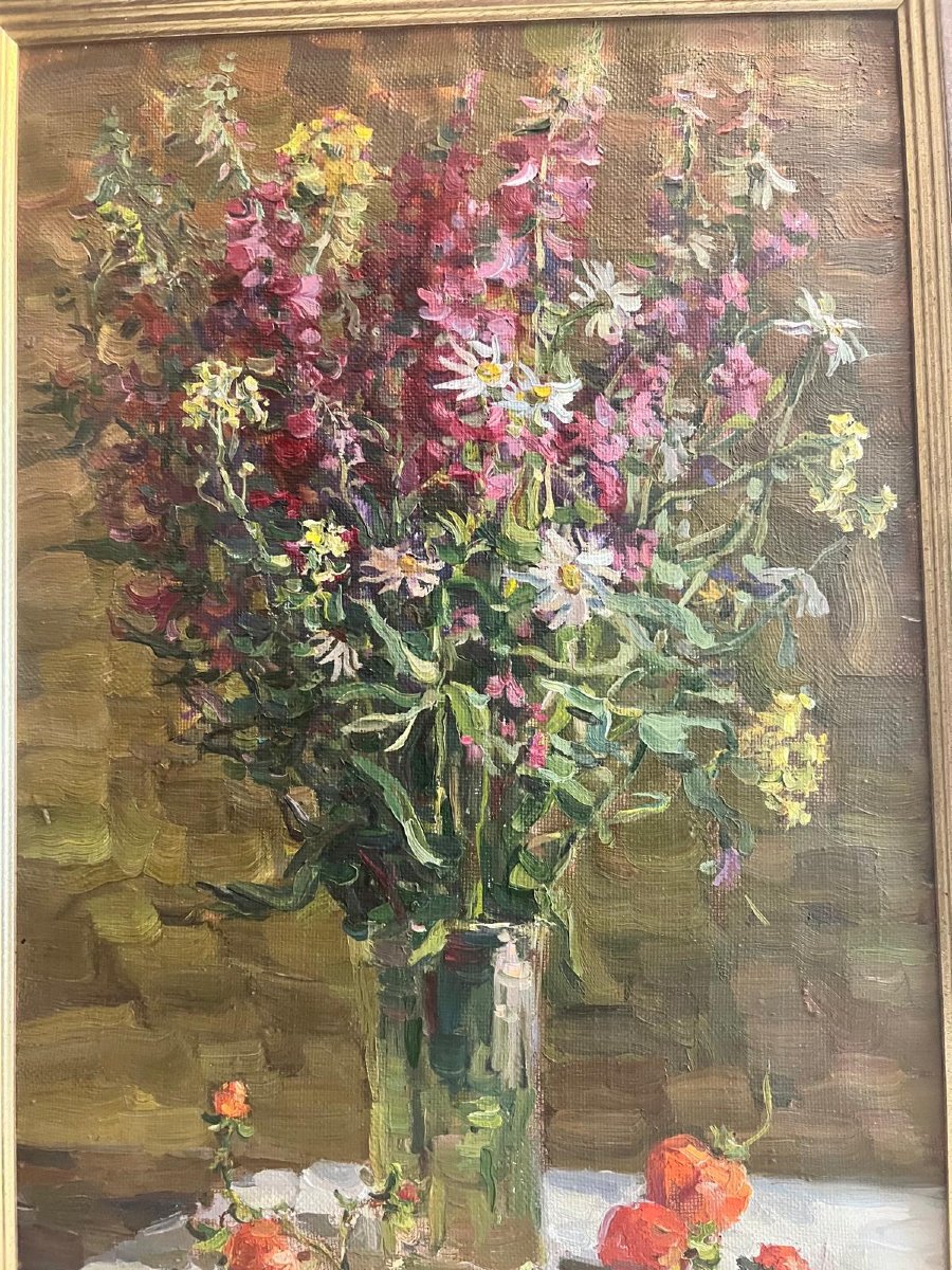 Tableau école Russe, Vase De Fleurs Monogramme Devant Signé Au Verso Oil On Canvas.-photo-4