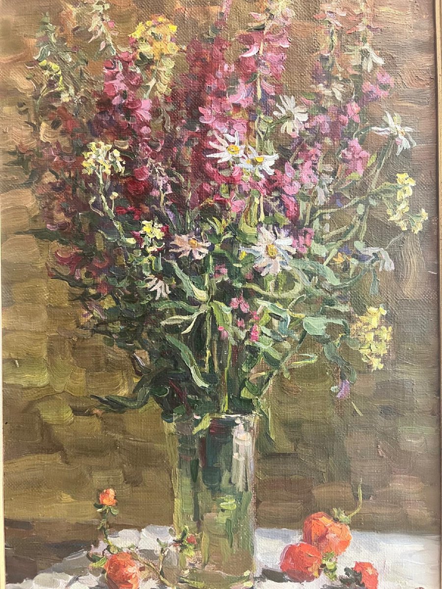 Tableau école Russe, Vase De Fleurs Monogramme Devant Signé Au Verso Oil On Canvas.