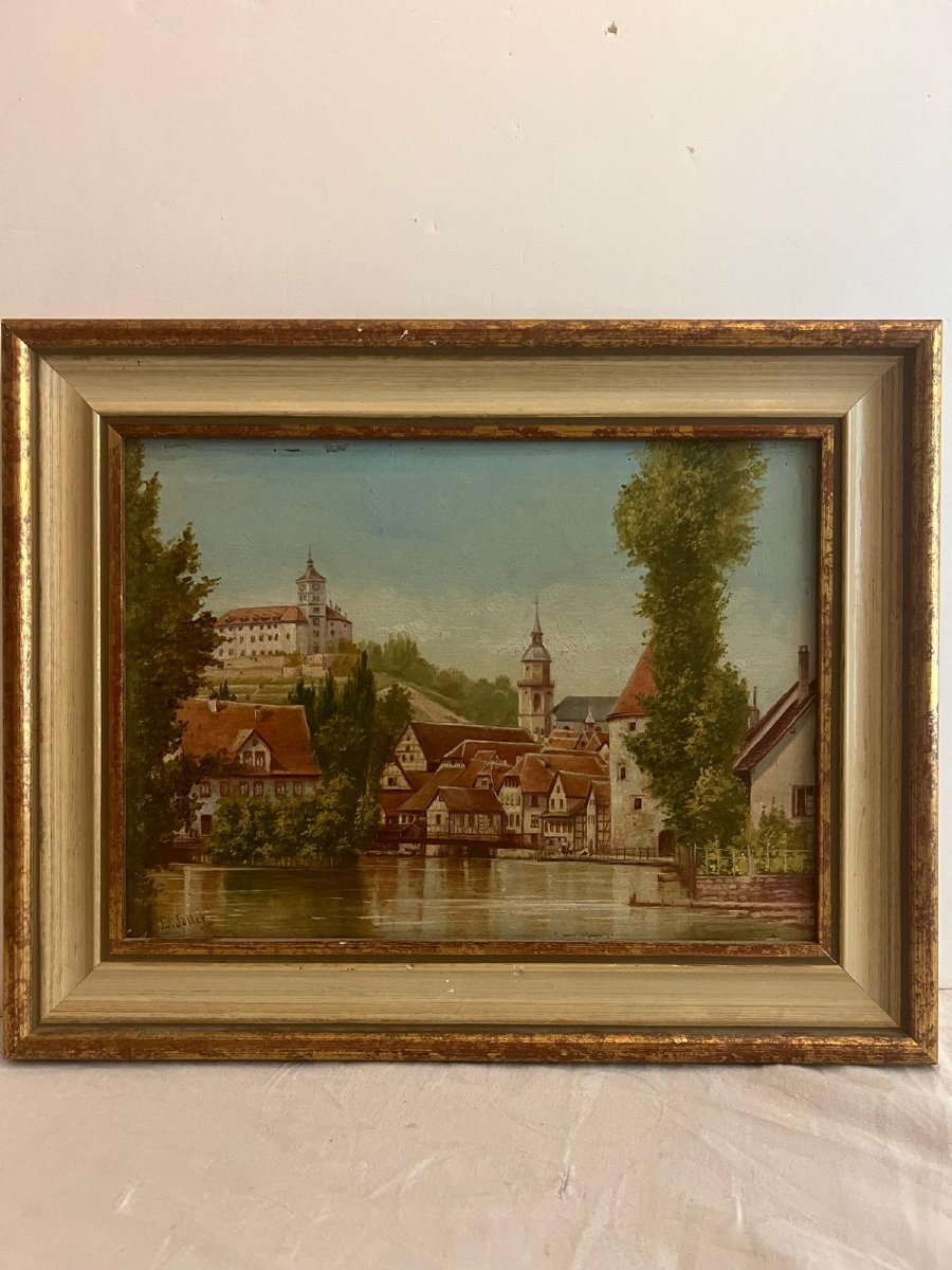 German School Signed, E Jotter, Paysage Bord De Rivière Oil On Wood.-photo-2