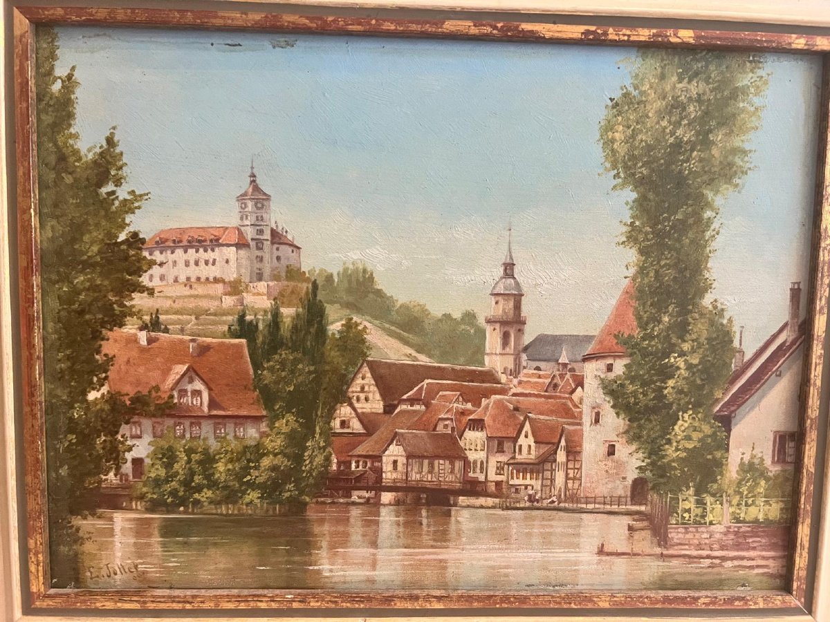German School Signed, E Jotter, Paysage Bord De Rivière Oil On Wood.-photo-3