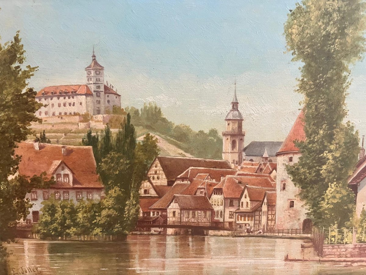German School Signed, E Jotter, Paysage Bord De Rivière Oil On Wood.