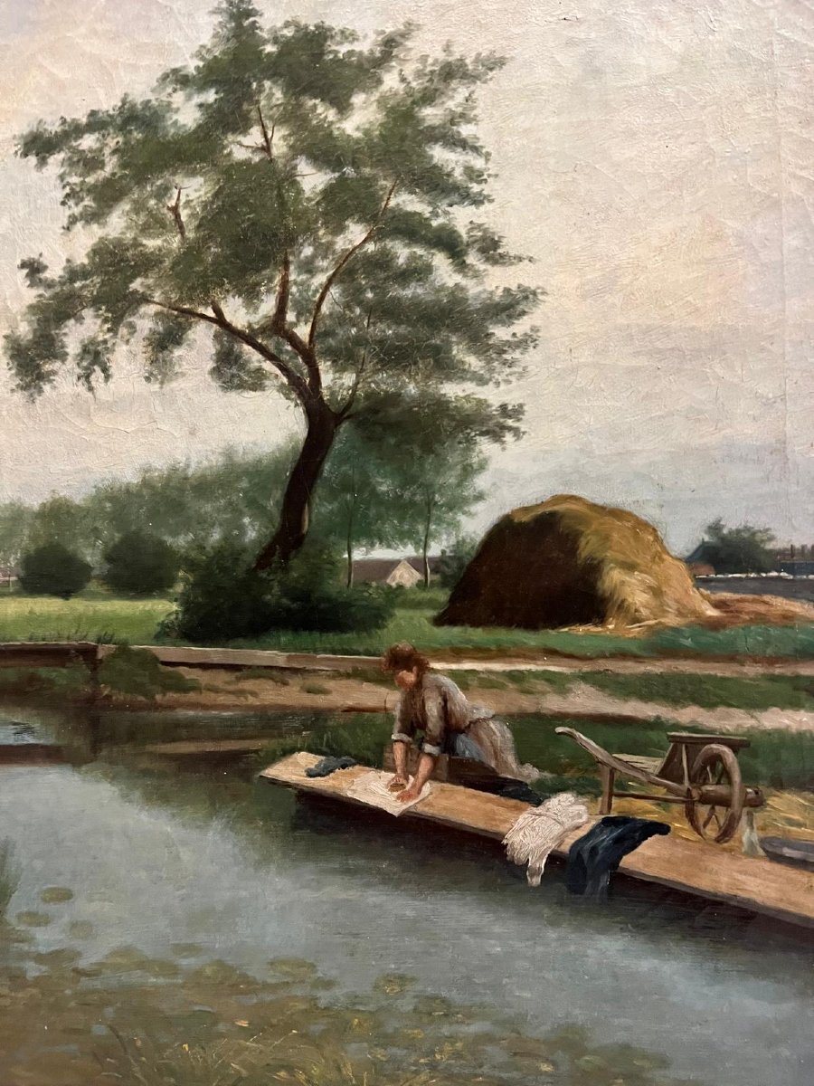 Tableau  la  Lavandière  école de  Corot, Pendant  du tableau  photo  au  verso. 