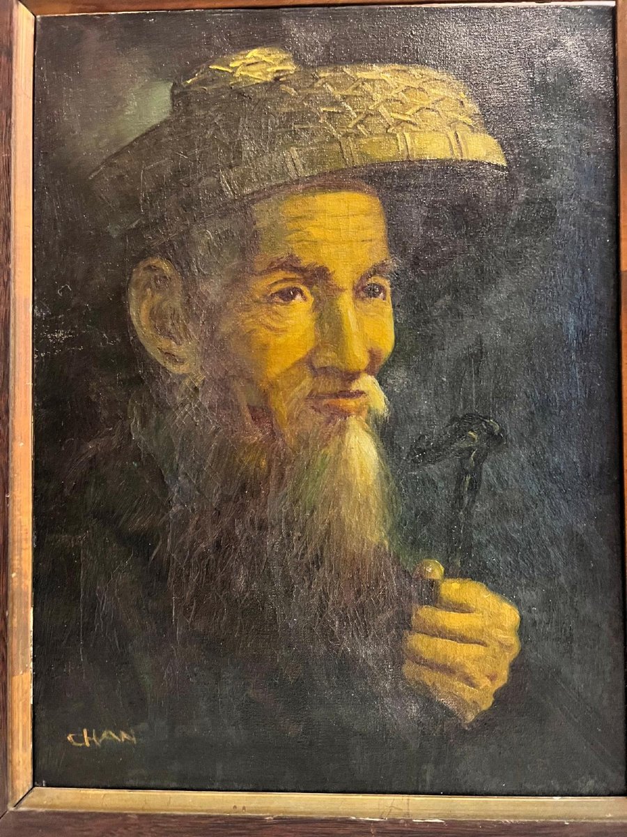 Painting: Portrait Of An Old Chinese Man, Signed -photo-2
