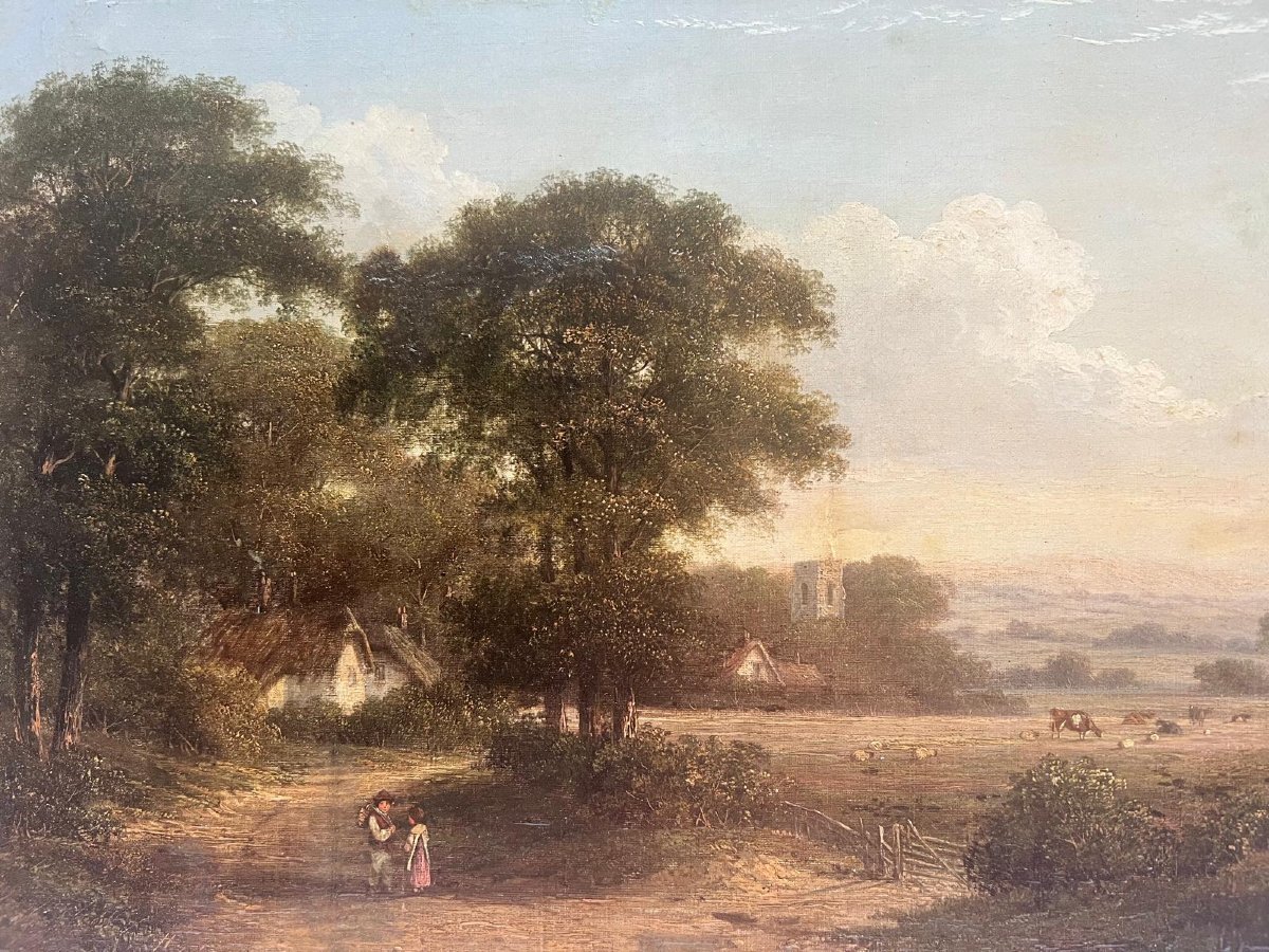Tableau  Paysage vers  1800  Huile sur toile Petite restauration  Cadre d'époque. -photo-2