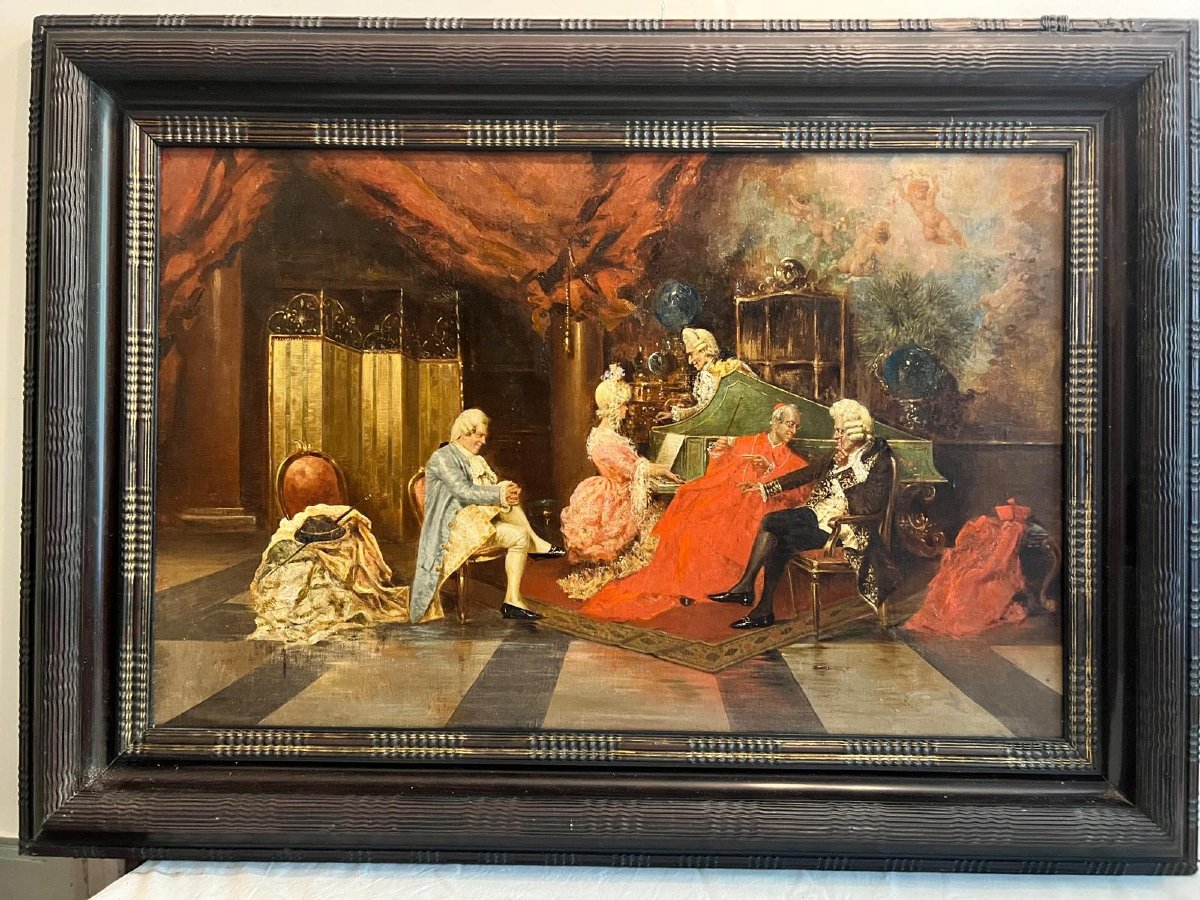 Tableau  Séance de  Piano avec le Cardinal  19 ème Huile sur toile. -photo-2